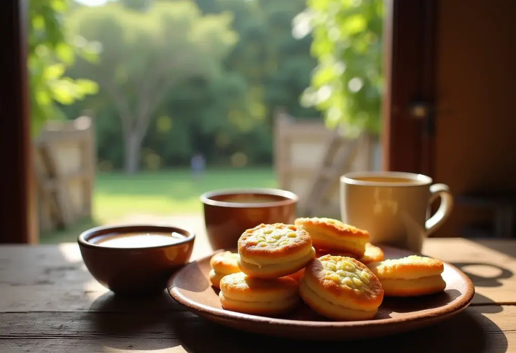 Mesa rústica com biscoitos de queijo e café