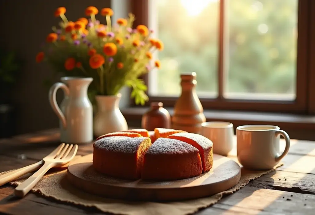 Mesa rústica com bolo de cenoura com especiarias e cobertura de cream cheese.