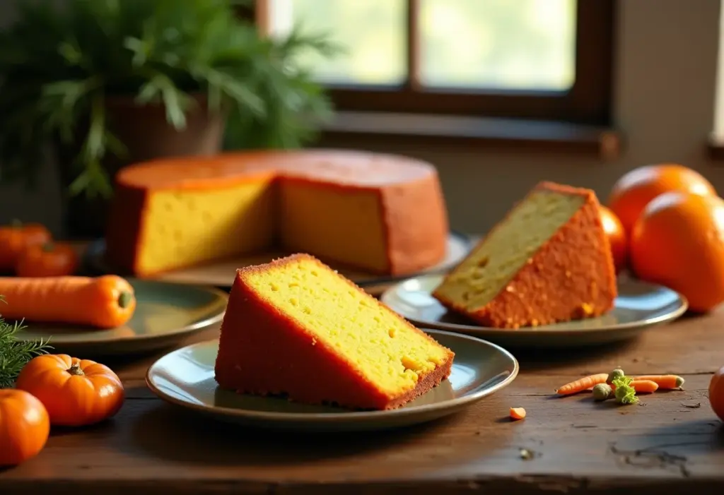 Mesa rústica com bolo de laranja e cenoura