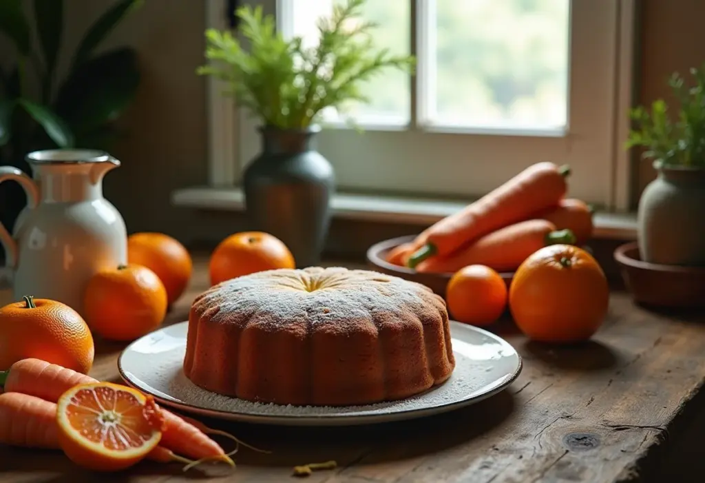 Mesa rústica com bolo de laranja e cenoura decorado com laranjas e cenouras.