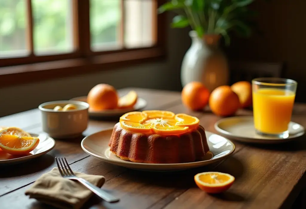 Mesa rústica com bolo de laranja fofinho e ingredientes.