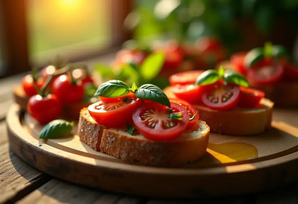 Mesa rústica com bruschetta de tomate, azeite e manjericão