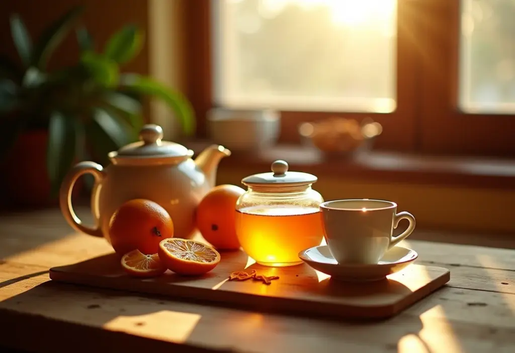 Mesa rústica com chá de casca de laranja e laranjas frescas.