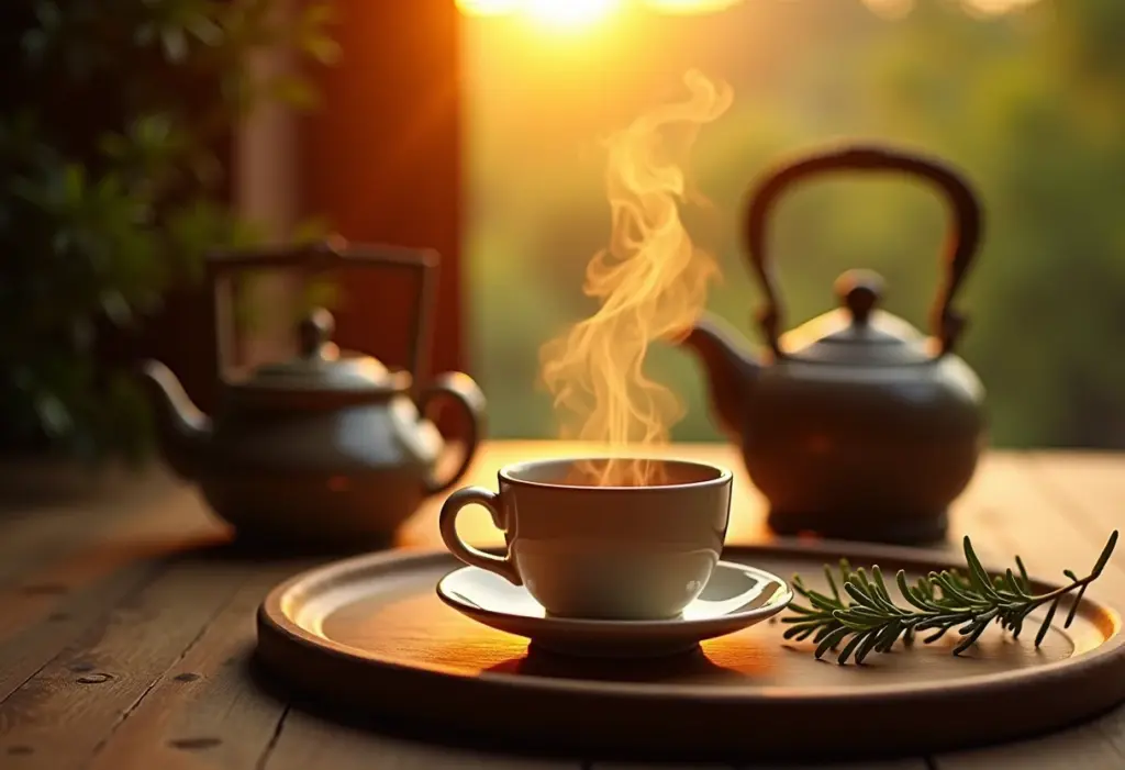 Mesa rústica com chá de cipó-mil-homens e bule antigo