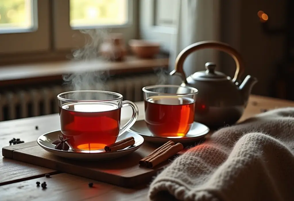 Chá de cravo e canela: O segredo para uma saúde de ferro Mesa rústica com chá de cravo e canela fumegante.