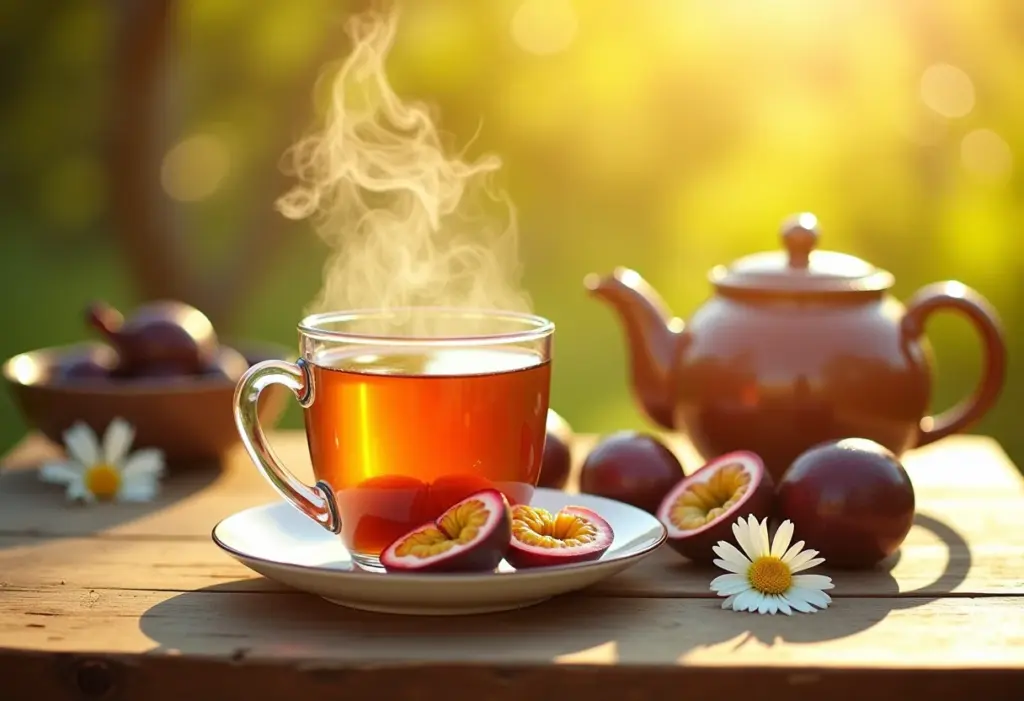 Mesa rústica com chá de maracujá e camomila.
