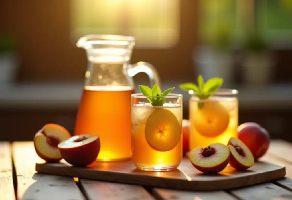 Mesa rústica com chá gelado de pêssego