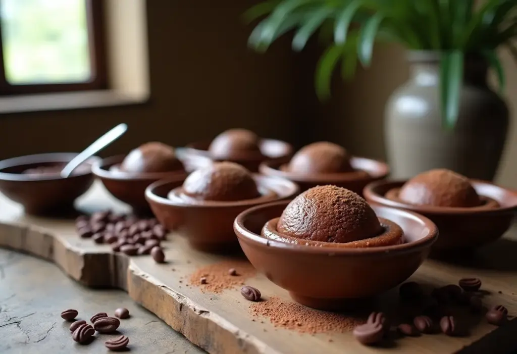 Mesa rústica com doce de leite com chocolate caseiro.