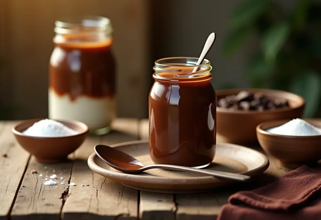 Mesa rústica com doce de leite de chocolate e ingredientes.