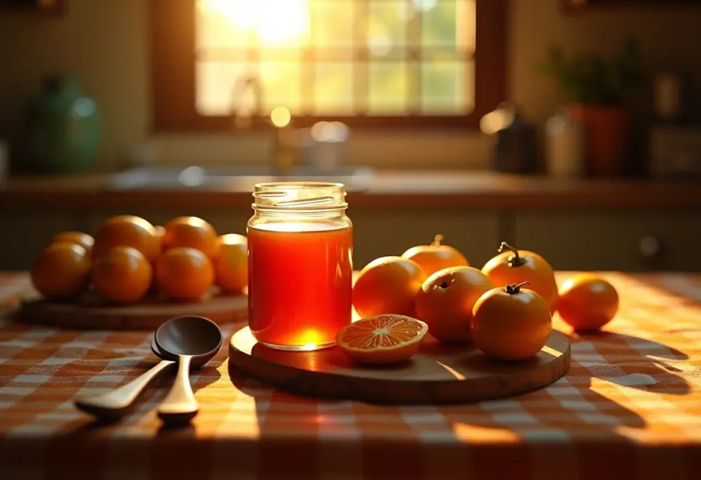 Mesa rústica com doce de mangaba caseiro e frutas frescas