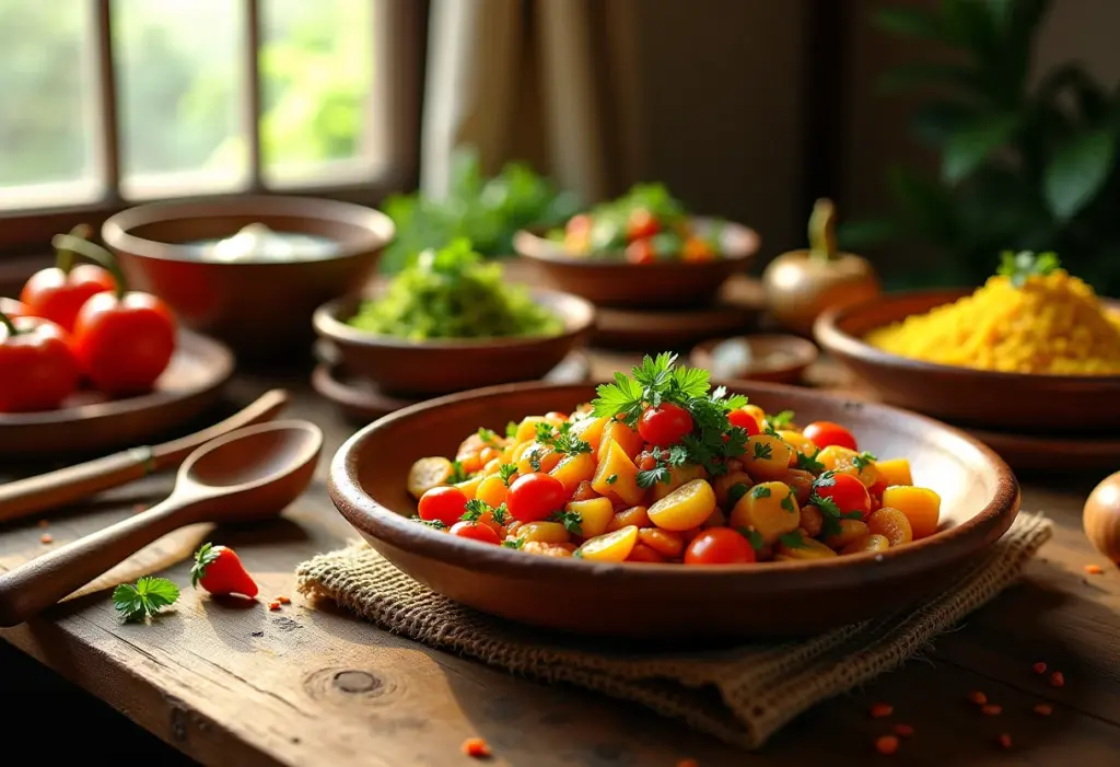 Mesa rústica com feijão tropeiro vegetariano