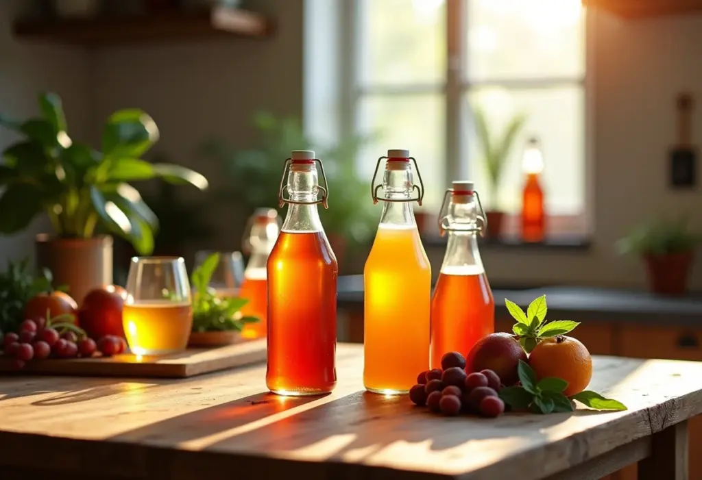 Mesa rústica com garrafas de kombucha caseiro e ingredientes frescos.