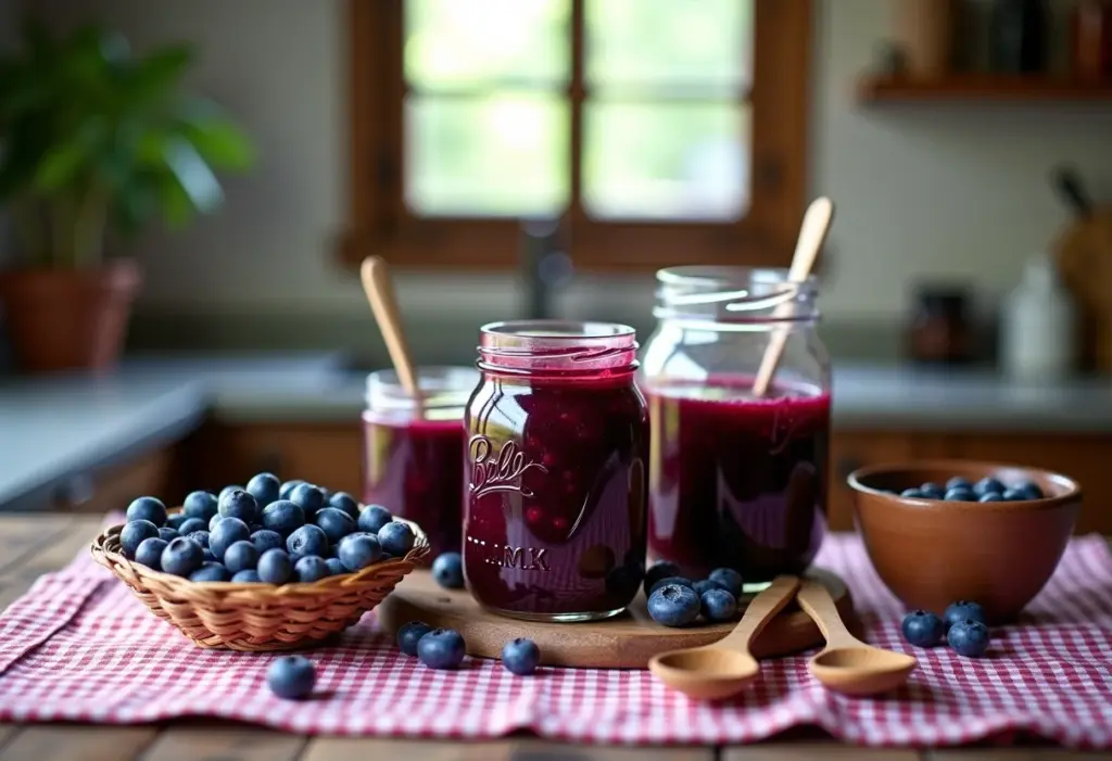 Mesa rústica com geleia de mirtilo caseira e ingredientes frescos.