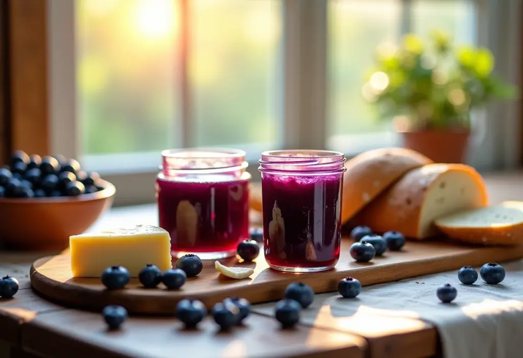 Mesa rústica com geleia de mirtilo caseira e ingredientes frescos