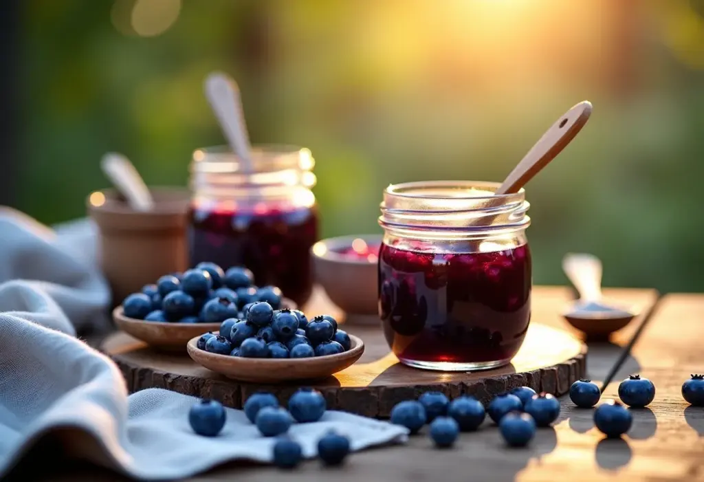 Mesa rústica com geleia de mirtilo caseira, pronta para servir