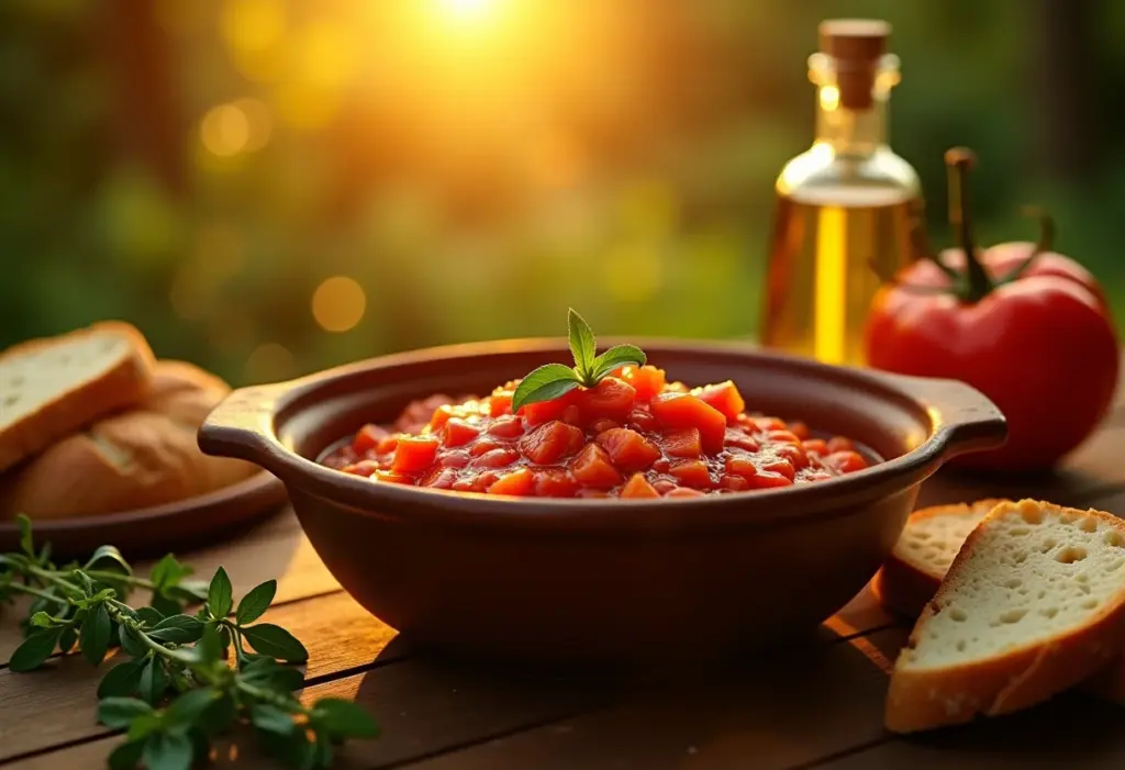 Mesa rústica com molho de tomate assado caseiro