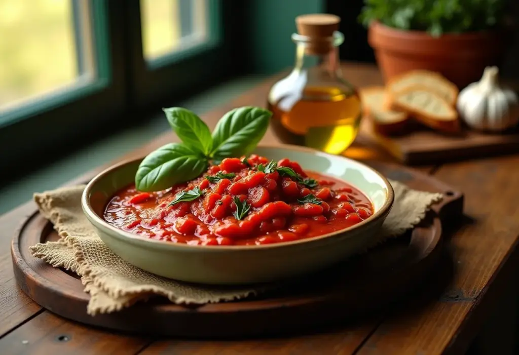 Mesa rústica com molho de tomate assado, pão e azeite.