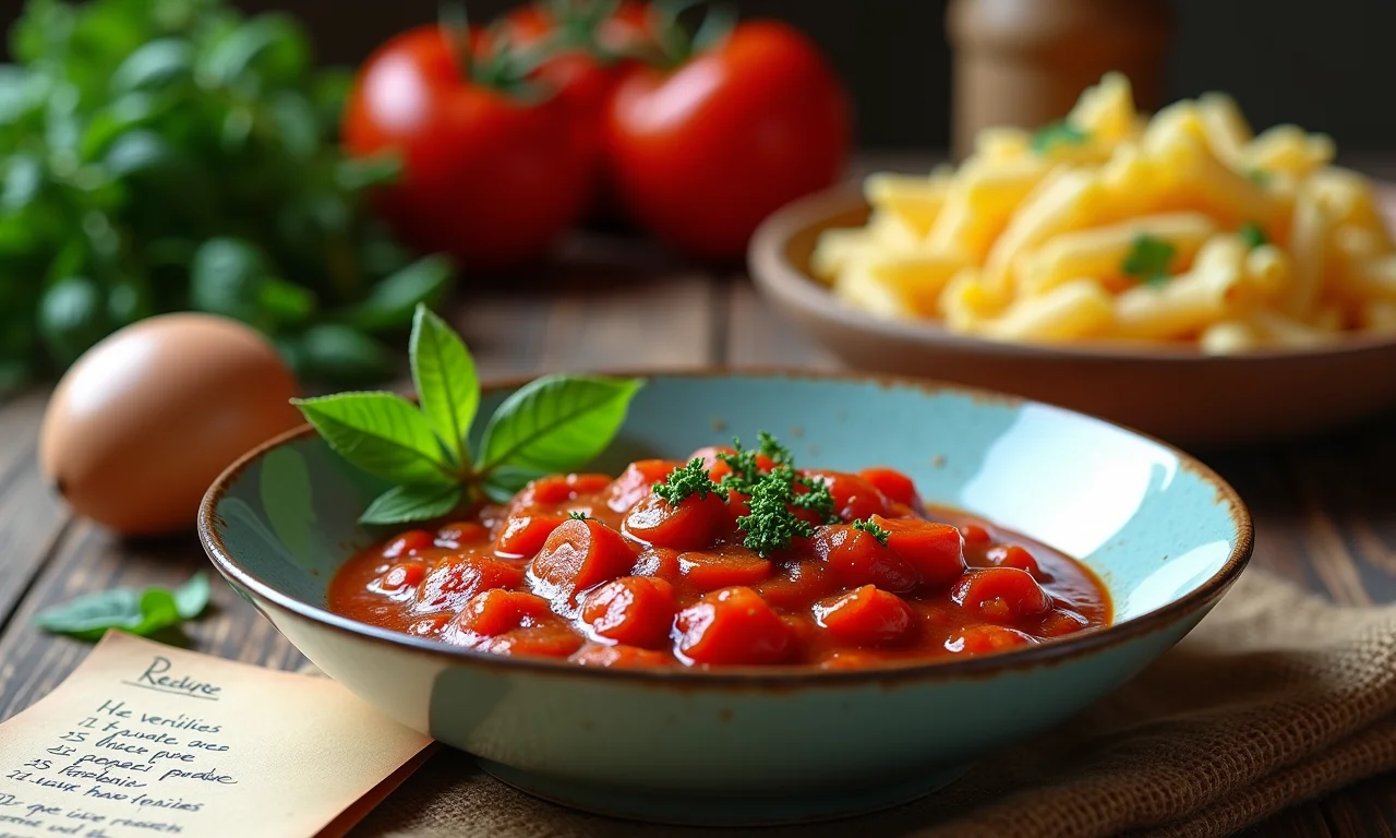 Mesa rústica com molho de tomate, macarrão e receita escrita à mão.
