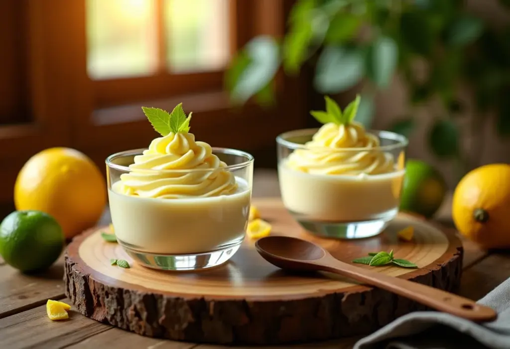 Mesa rústica com mousse de limão caseiro.