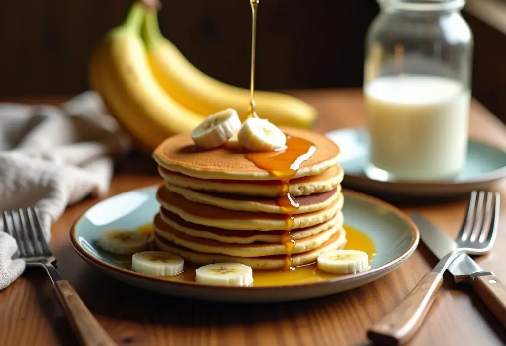 Mesa rústica com panquecas de banana, mel e leite.