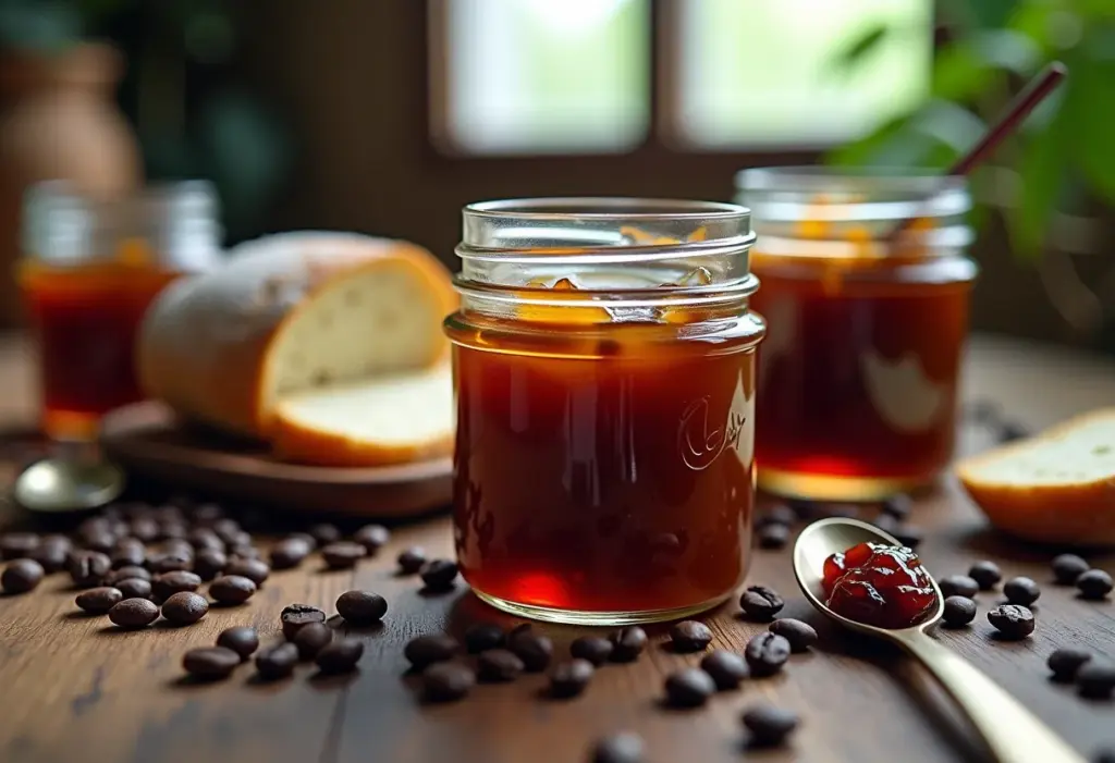 Mesa rústica com potes de geleia de café caseira, pães e grãos de café.