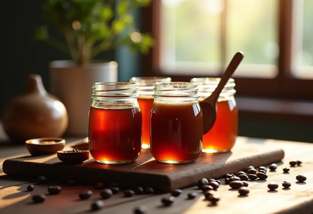 Mesa rústica com potes de geleia de café e grãos de café.