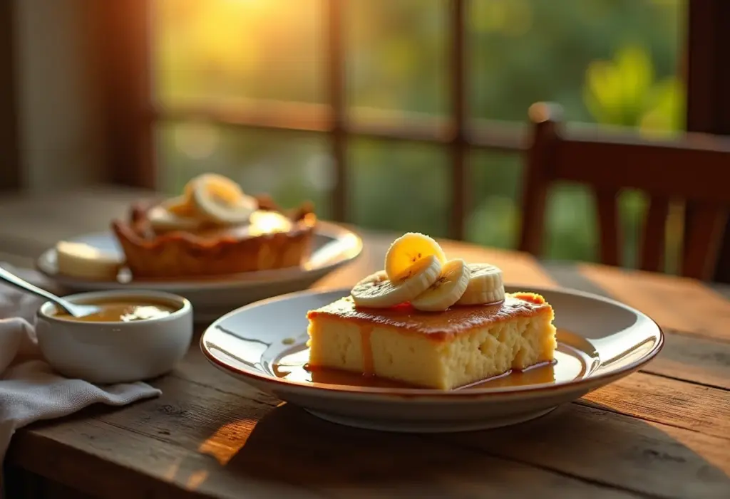 Pudim de banana com calda: segredo para um sabor irresistível Mesa rústica com pudim de banana e calda.