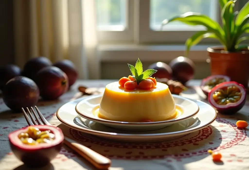 Mesa rústica com pudim de maracujá sem forno