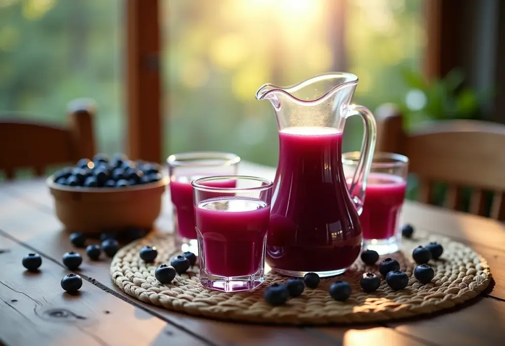 Mesa rústica com suco de mirtilo caseiro.