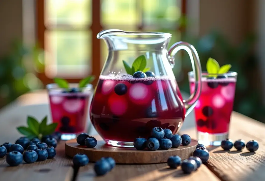 Mesa rústica com suco de mirtilo fresco.