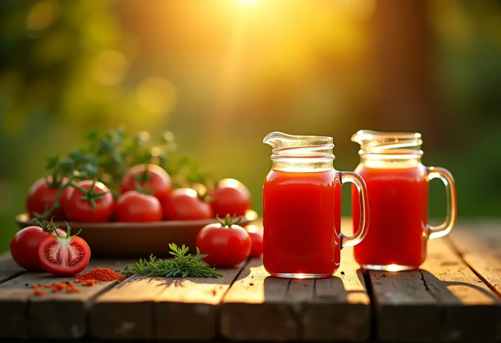 Suco de Tomate: O segredo para uma pele radiante (e como fazer) Mesa rústica com suco de tomate e ingredientes frescos.
