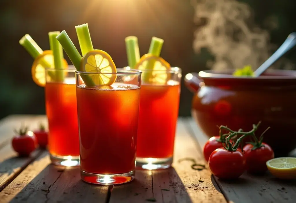 Mesa rústica com suco de tomate, sopa e decoração de inverno