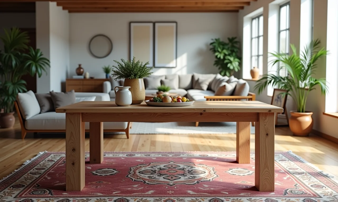 Mesa rústica com tapete delimitando o espaço.