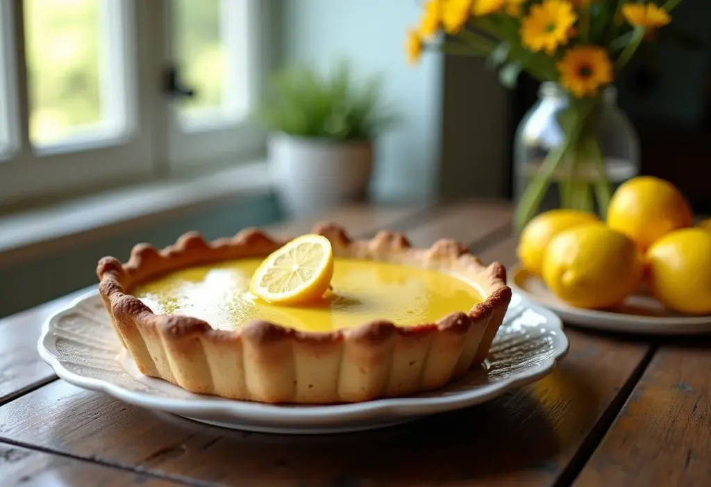 Mesa rústica com um delicioso pavê de limão.