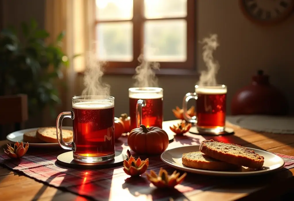 Mesa rústica com vinho quente e decoração de Festa Junina