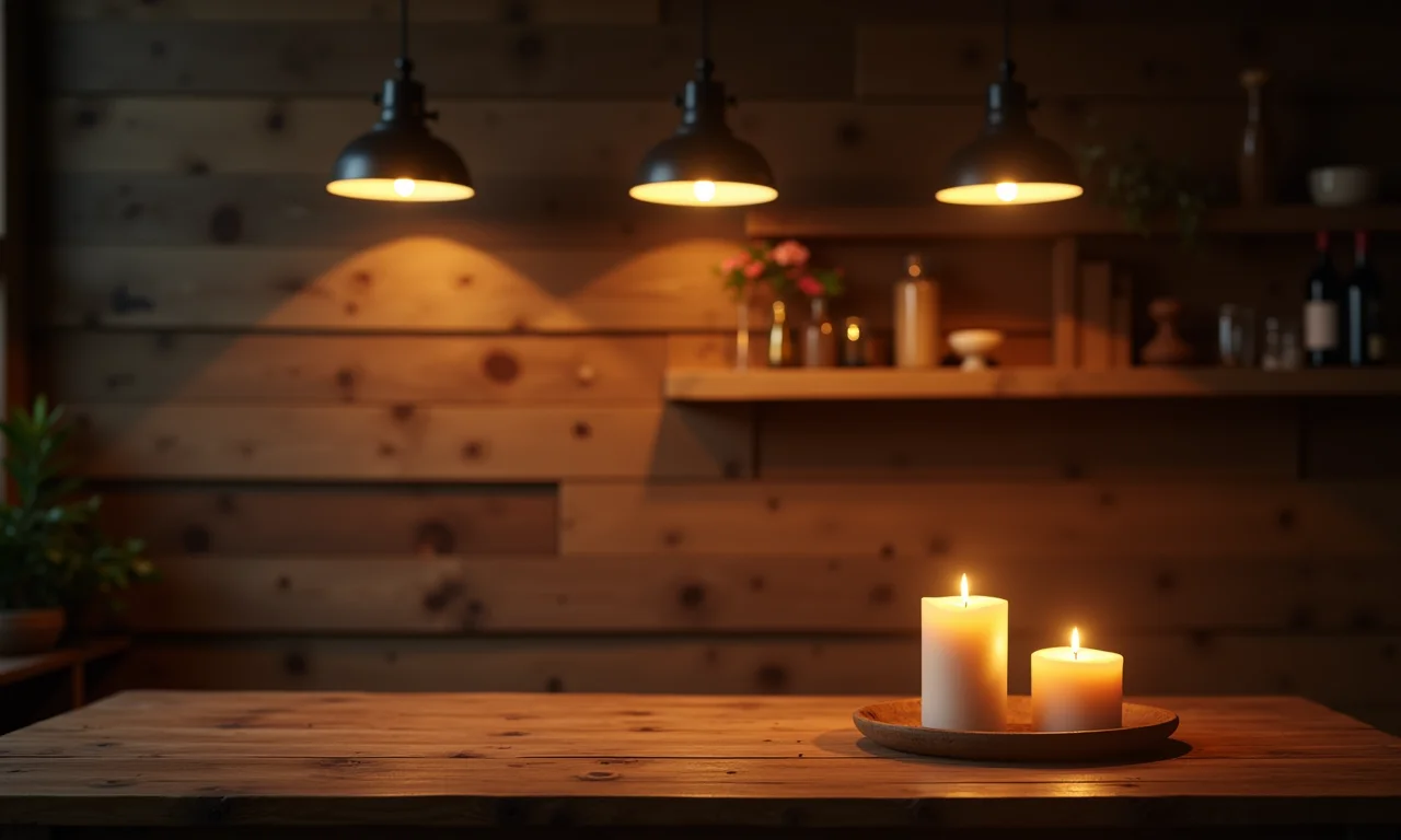 Mesa rústica iluminada por luzes pendentes e velas.