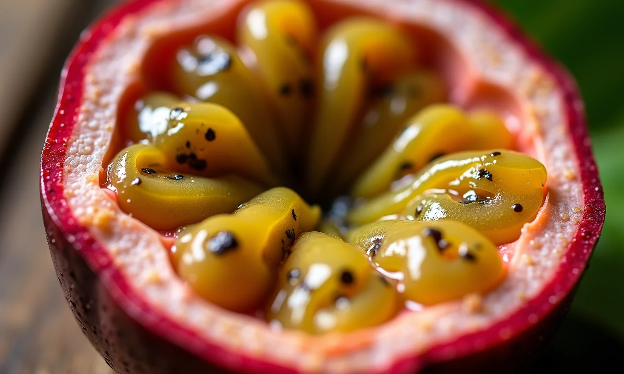Metade de um maracujá doce exibindo a polpa suculenta.