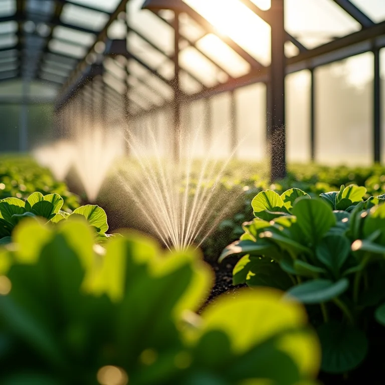 Microaspersão irrigando folhosas em uma estufa.