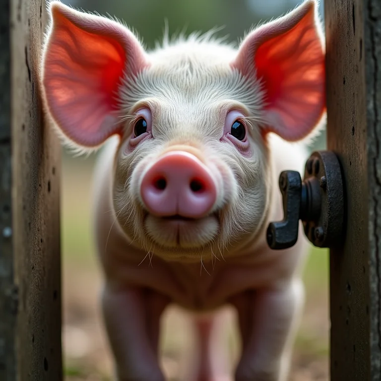 Mini porco vietnamita abrindo um portão com o focinho