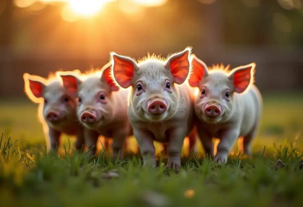 Mini porcos vietnamitas em um pasto ensolarado