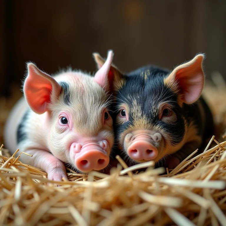 Mini porcos vietnamitas juntos em cama de palha
