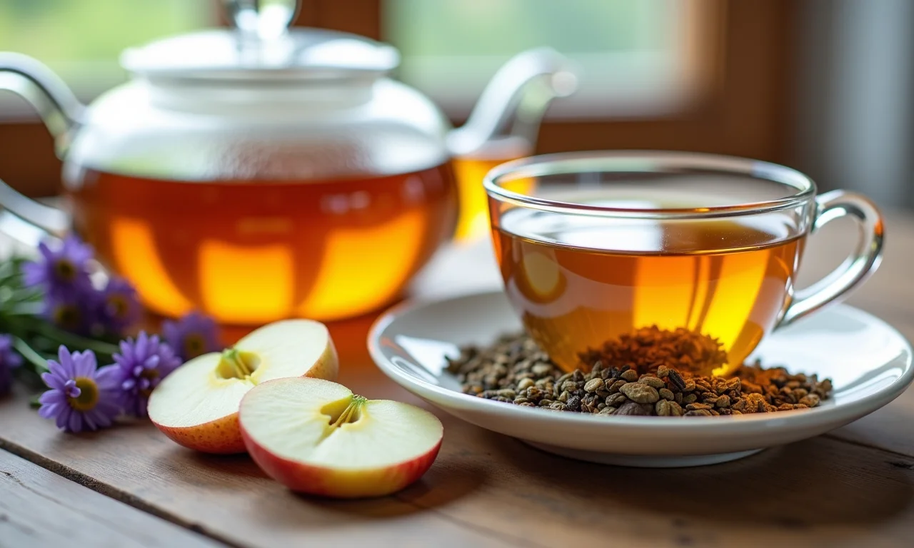 Mistura de camomila, lavanda e fatias de maçã em infusor de chá.
