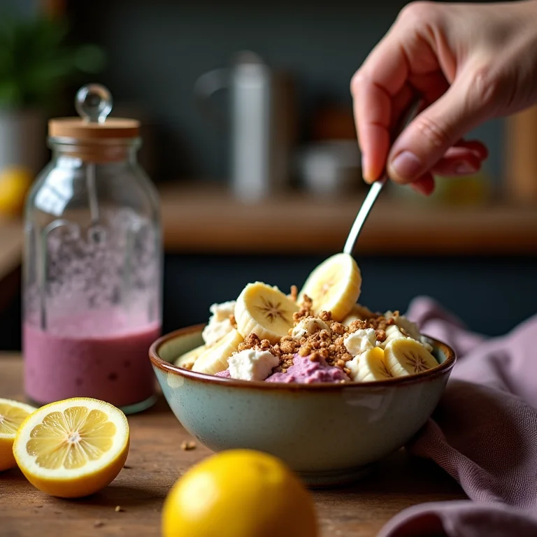 Misturando a polpa de açaí com banana congelada para uma consistência perfeita.