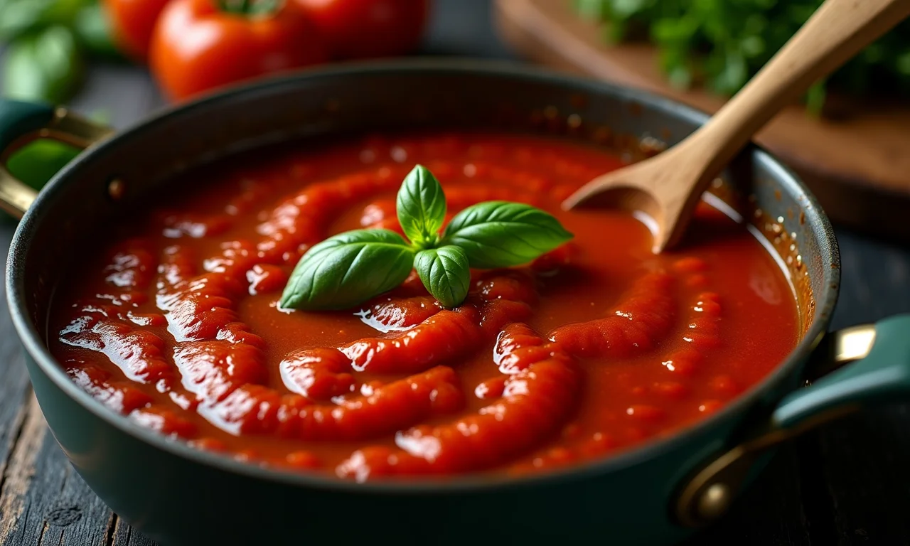 Molho de tomate caseiro borbulhando em uma panela, com manjericão fresco e cores vibrantes.