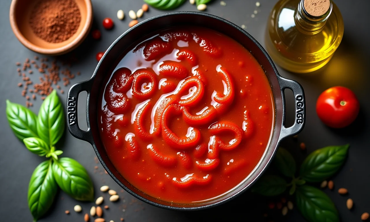 Molho de tomate caseiro fervendo em panela de ferro com especiarias.