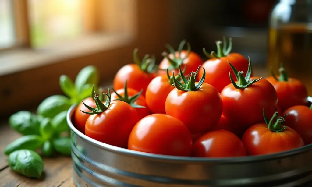 Molho de tomate pelado caseiro em pote de vidro com manjericão fresco.