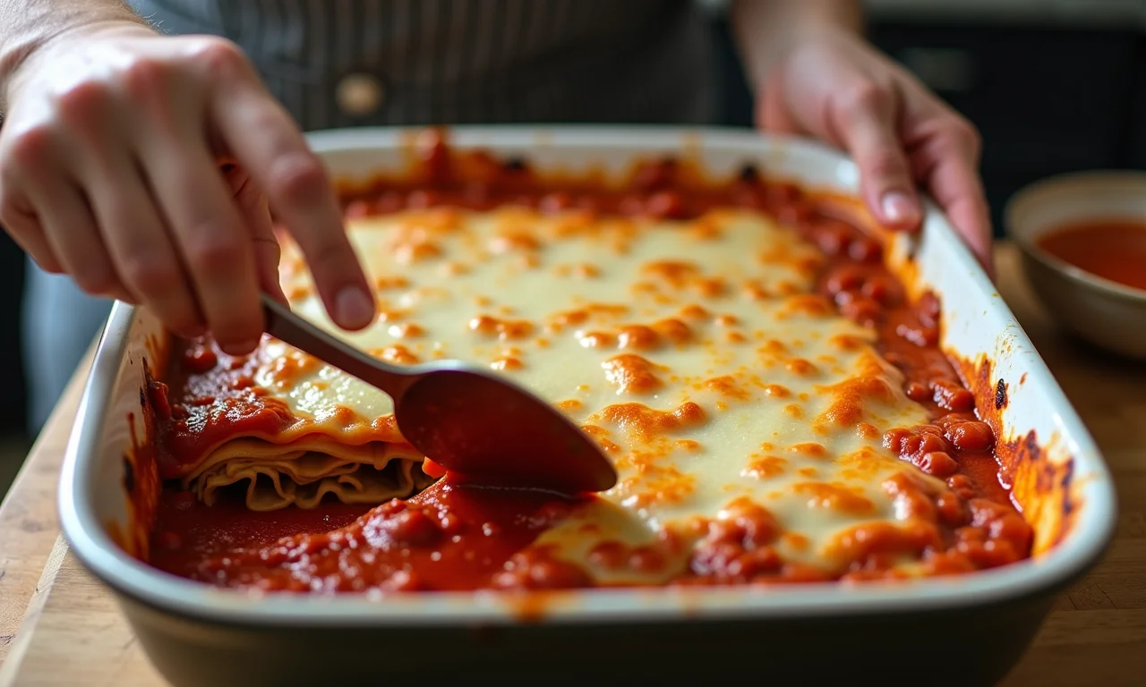 Montagem da lasanha em camadas em uma travessa.