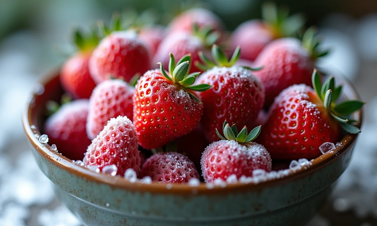 Morangos congelados em uma tigela.