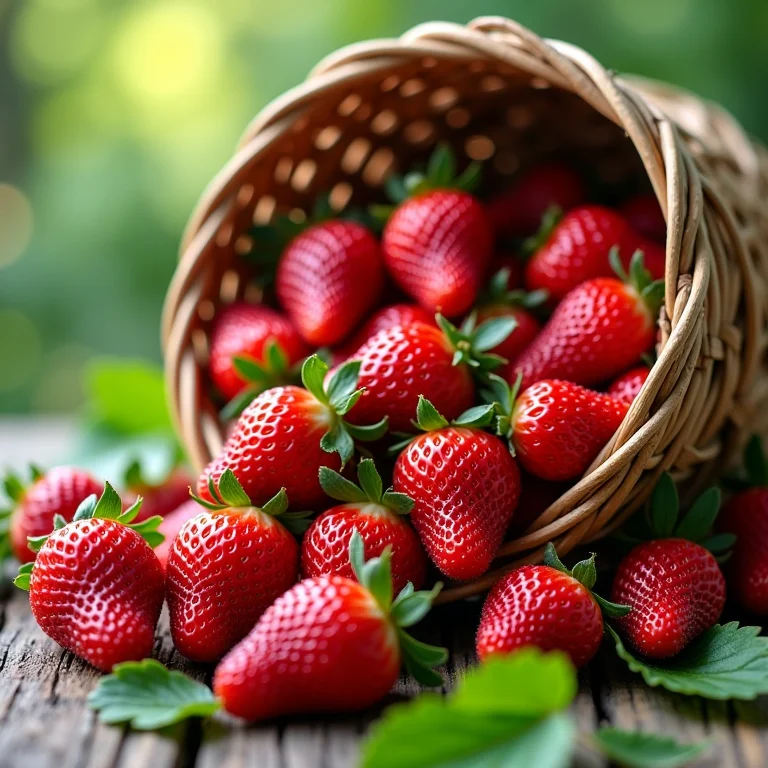 Morangos frescos e suculentos em uma cesta de vime.