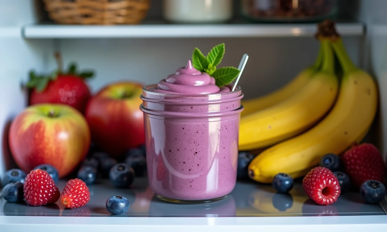 Mousse de açaí armazenado na geladeira.